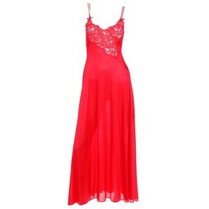 1970S VINTAGE LILY OF FRANCE RED NIGHTGOWN SLIP DRESS WITH LACE